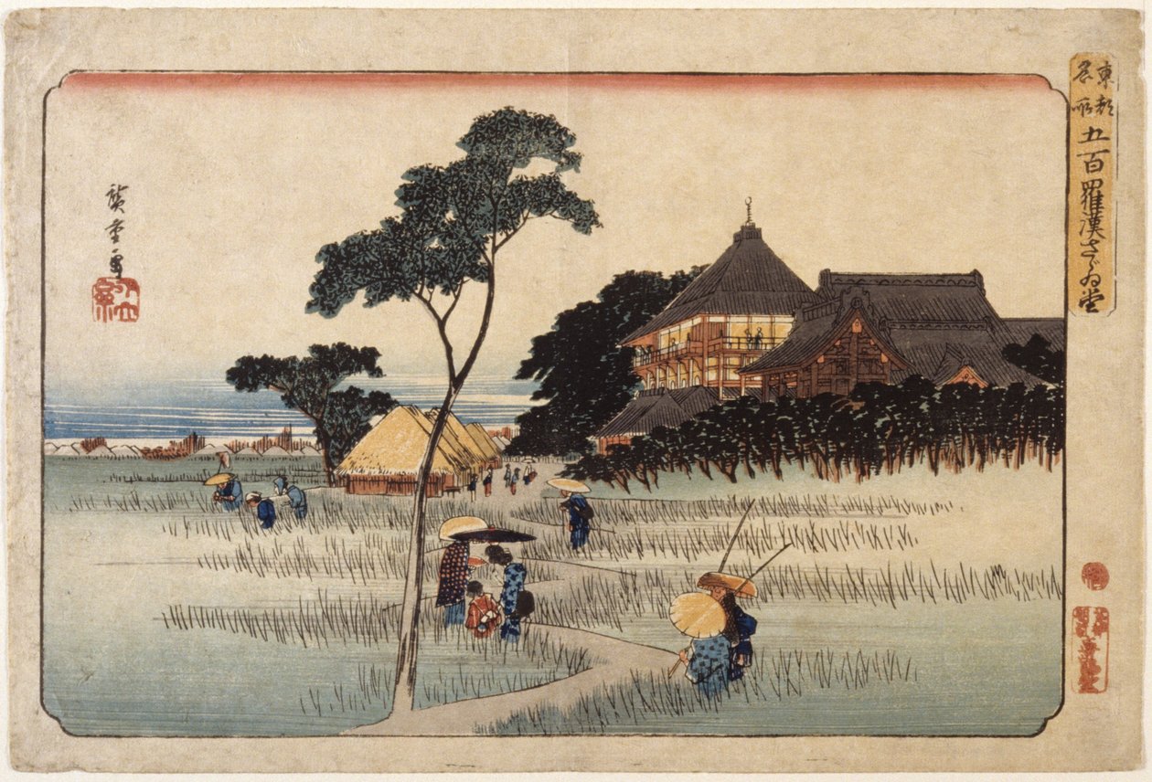 (Velká budova s chatami níže) od Ando or Utagawa Hiroshige