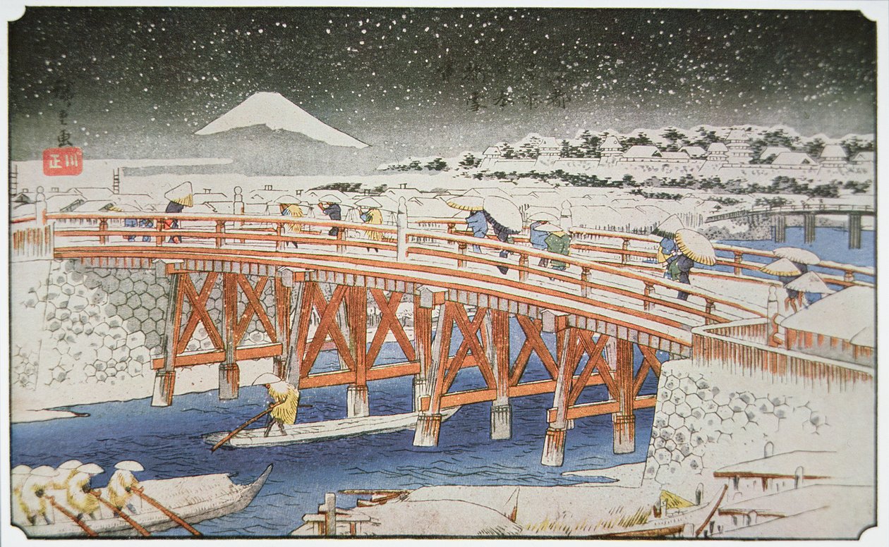 Most v Yedo s horou Fuji v pozadí od Ando or Utagawa Hiroshige