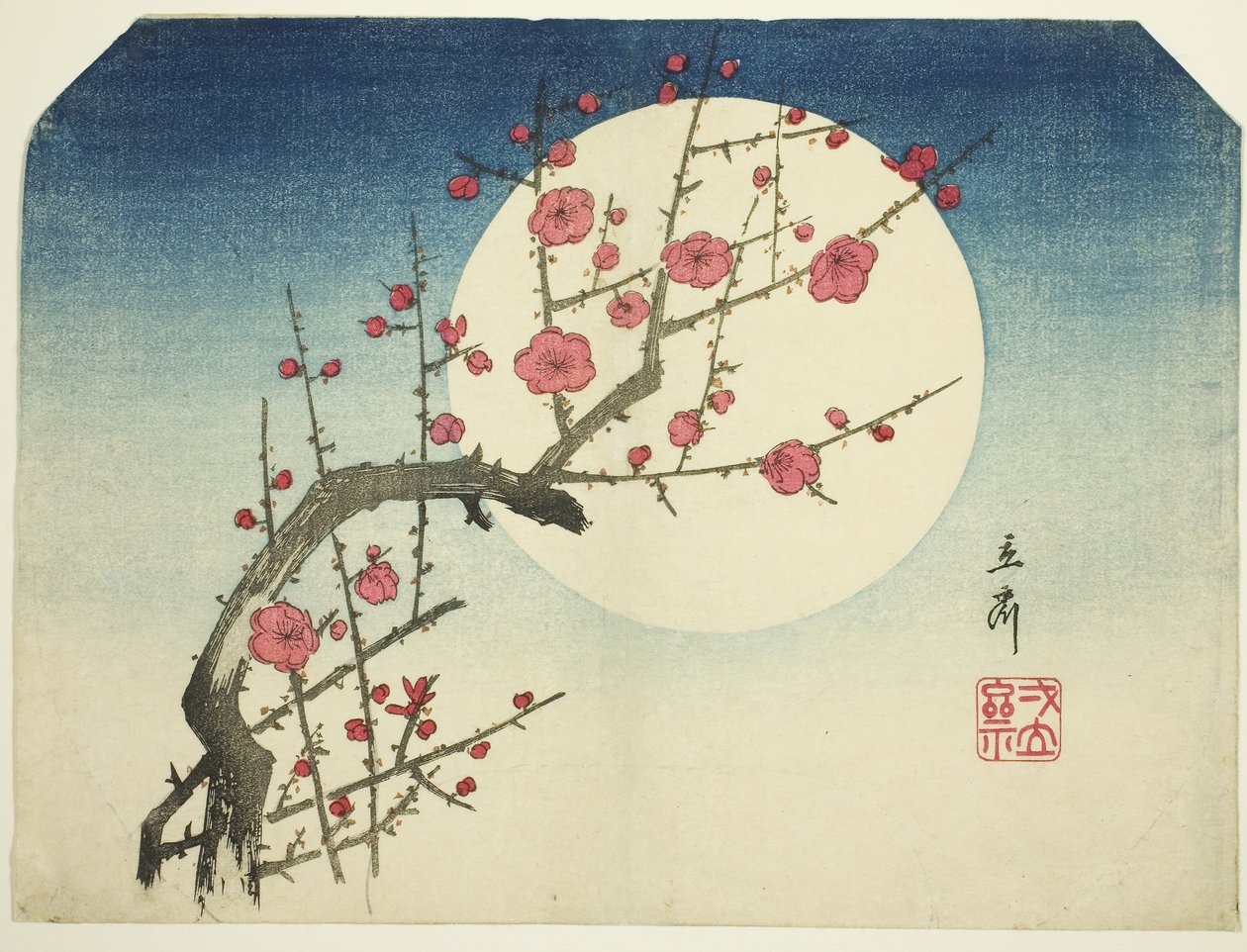 A Red Plum Branch against the Summer Moon, cca 1840 (barevný dřevořez; uchiwa-e) od Ando or Utagawa Hiroshige