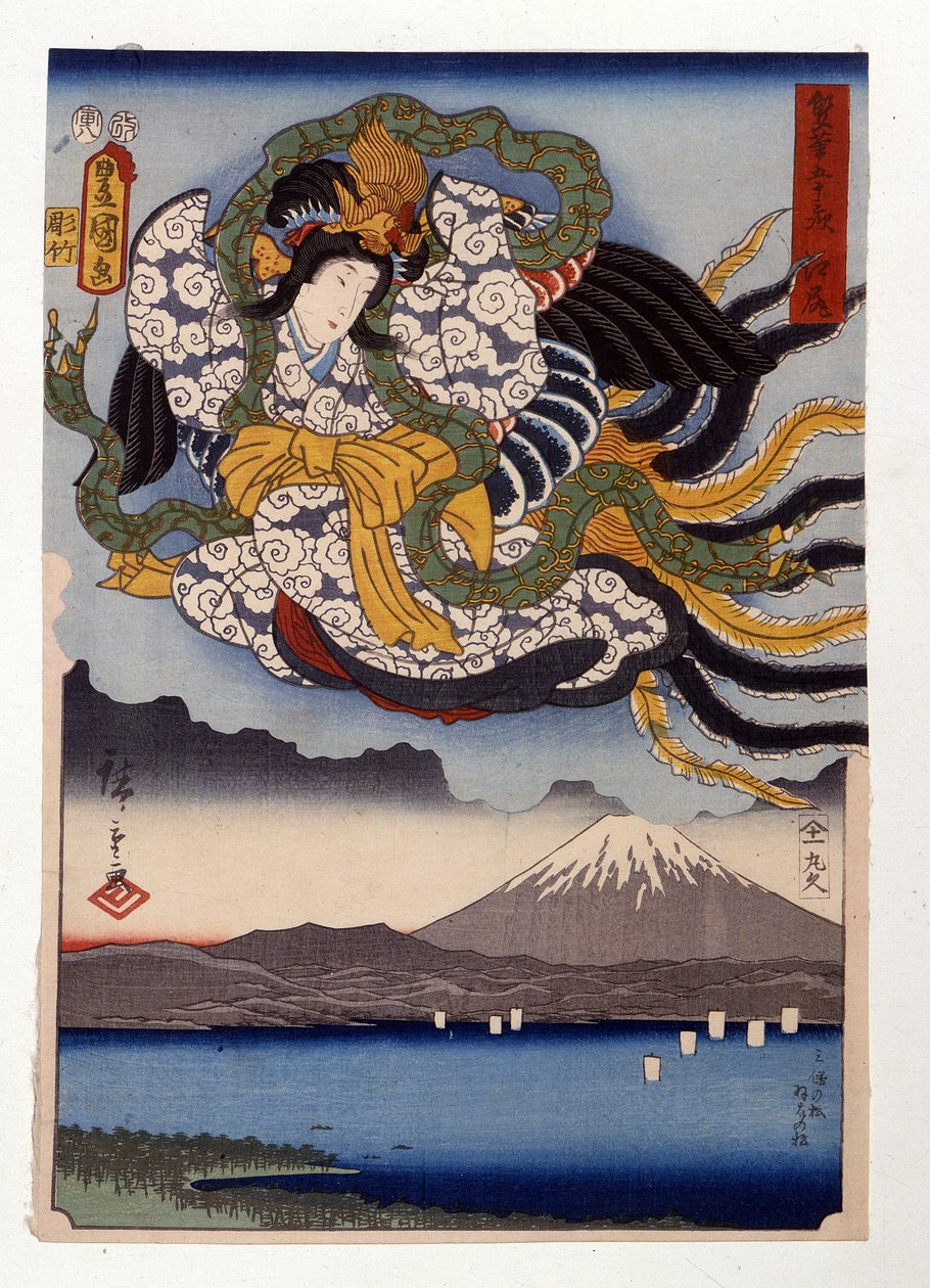 Amaterasu, bohyně Slunce na hoře Fudži od Ando or Utagawa Hiroshige