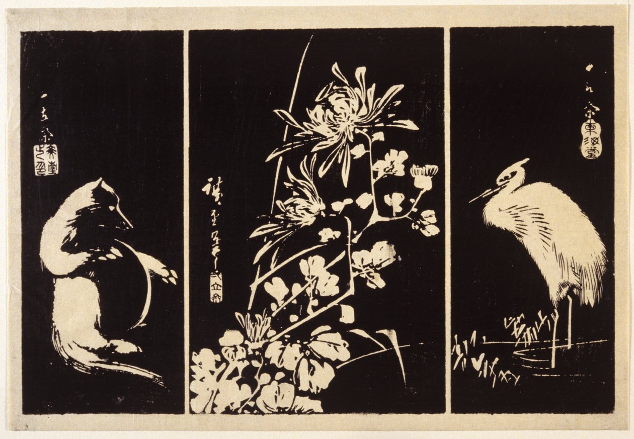 Jezevec, Chryzantémy A Jeřáb od Ando or Utagawa Hiroshige