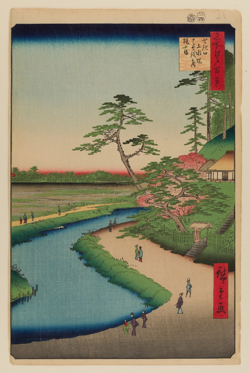 Bašóova poustevna a Kaméliový vrch na vodním kanálu Kanda v Sekiguči od Ando or Utagawa Hiroshige