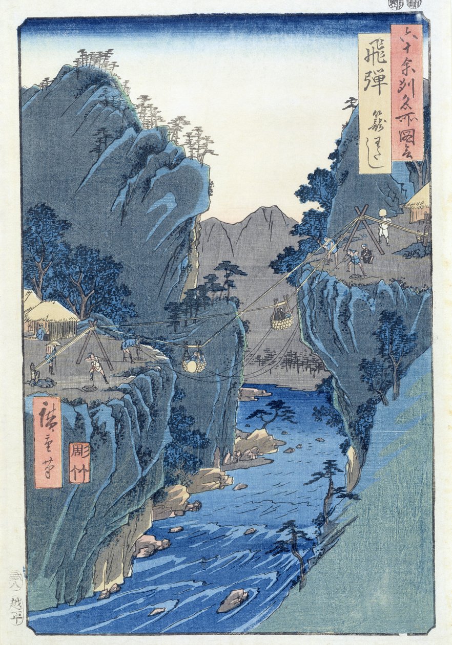 Basket Ferry, Kagowatashi, provincie Hida (dřevotisk) od Ando or Utagawa Hiroshige