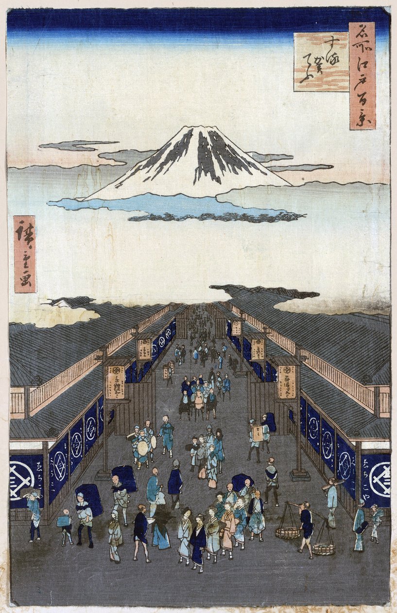 "Sto slavných pohledů na Edo"" (současné Tokio): Pohled na Surugacho (Suruga cho, Suruga-cho). Pohled na město Tokio v Japonsku s horou Fuji v pozadí. (Surugacho (Sto slavných pohledů na Edo). Japonský tisk od Utagawy Hiroshige (1797-1858) od Ando or Utagawa Hiroshige