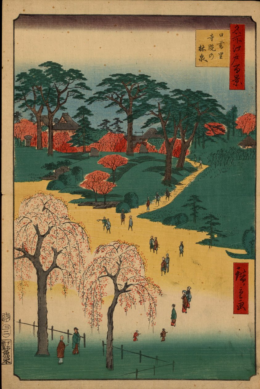 "Sto slavných pohledů na Edo"" (dnešní Tokio): Chrámové zahrady v Nippori. Pohled na město Tokio v Japonsku. (Chrámové zahrady v Nippori (Sto slavných pohledů na Edo). Japonský tisk Utagawa Hiroshige (1797-1858) od Ando or Utagawa Hiroshige