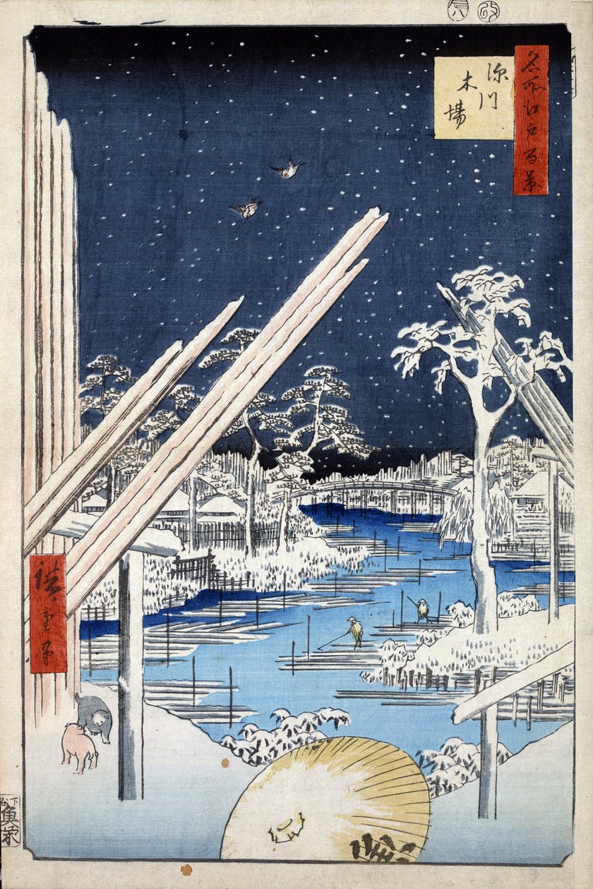 "Sto slavných pohledů na Edo"": Dřevařský dvůr ve Fukagawě. Pohled na město Tokio v Japonsku (Lumberyards at Fukagawa (Sto slavných pohledů na Edo). Japonský tisk Utagawa Hiroshige (1797-1858) od Ando or Utagawa Hiroshige