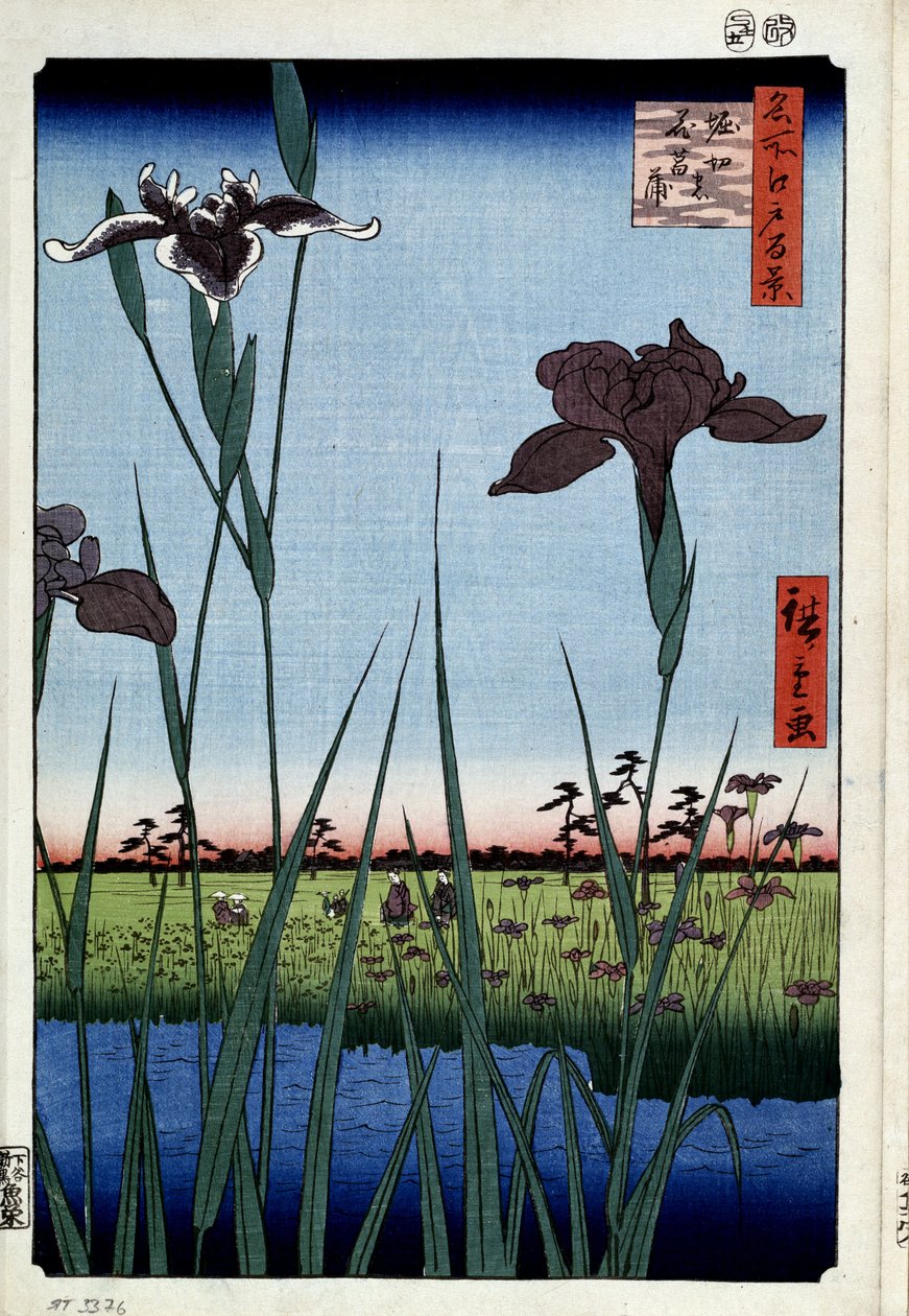 ""Sto slavných pohledů na Edo"" : ""z kosatce do Horikiri" (Irises at Horikiri (Sto slavných pohledů na Edo) Japonská tisk Utagawa Hiroshige (1797-1858) 1856-1858 St. Petersburg Ermitage Museum od Ando or Utagawa Hiroshige