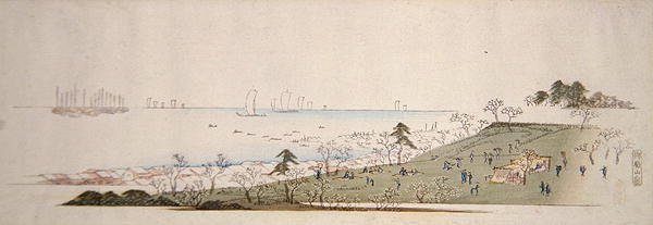 Čas třešňových květů, piknikování lidí v Gotenyamě (barevný dřevořez) od Ando or Utagawa Hiroshige