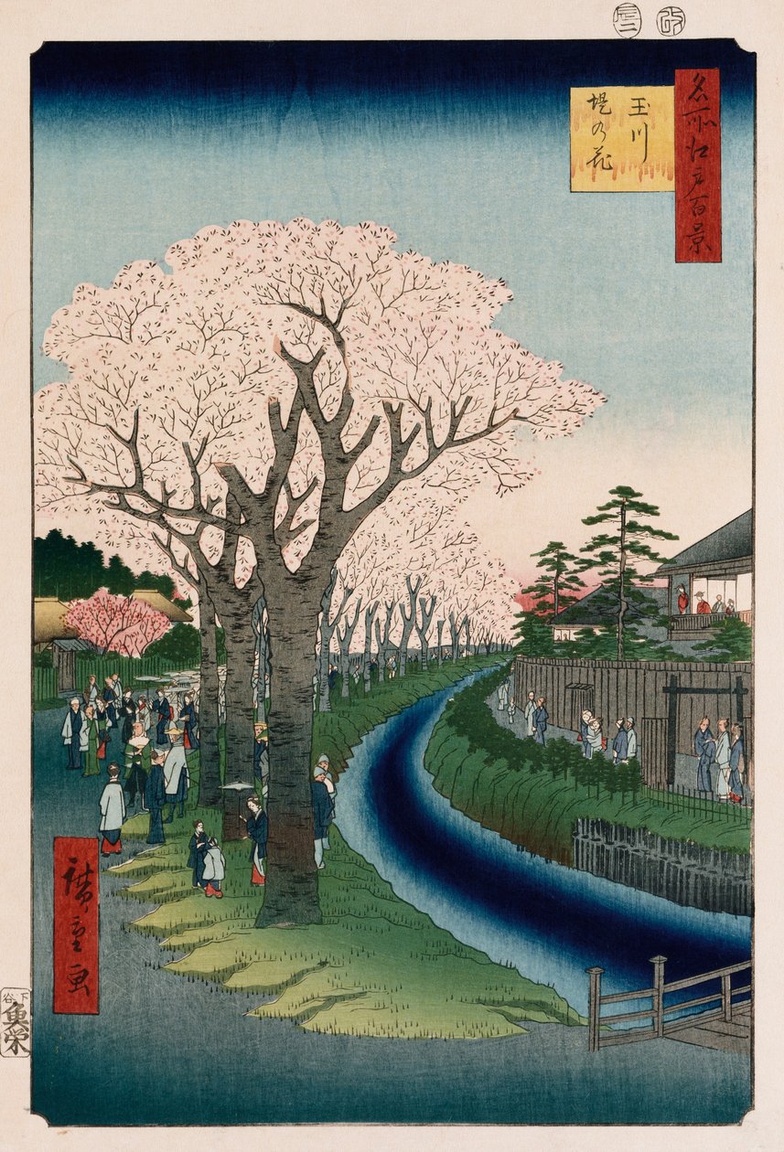 "Třešňové květy, nábřeží řeky Tama" od Ando or Utagawa Hiroshige
