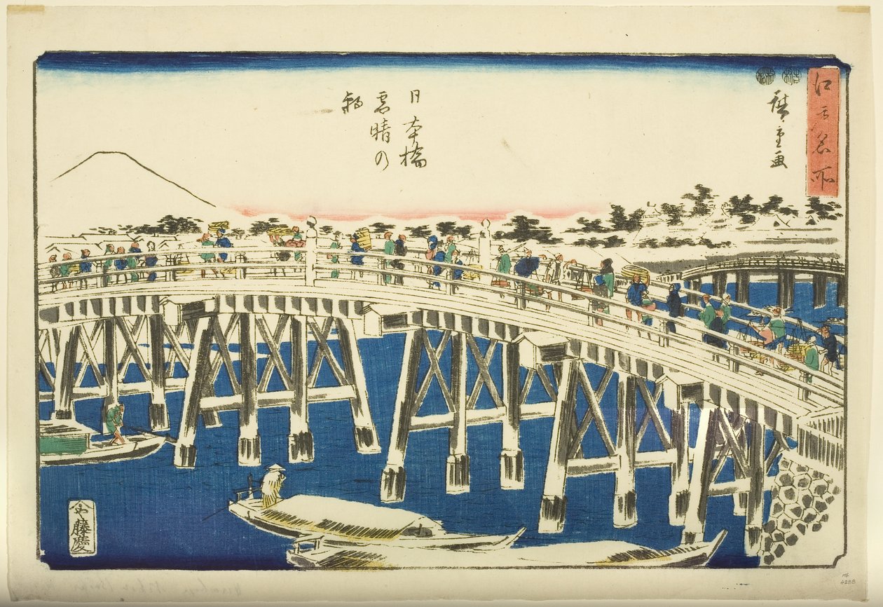 Jasné ráno po sněžení na mostě Nihonbashi (Nihonbashi yukibare no asa) (barevný dřevěný tisk) od Ando or Utagawa Hiroshige