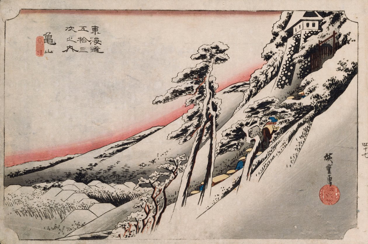 Jasné počasí po sněhu, Kameyama“, ze série „Padesát tři stanic Tokaida“ od Ando or Utagawa Hiroshige