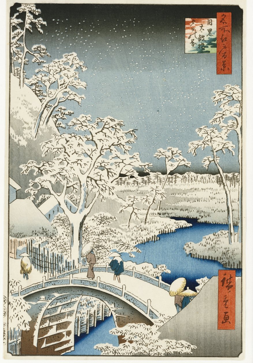 Drum Bridge a „Setting Sun“ Hill, Meguro, ze série „Sto pohledů na slavná místa v Edu“, vydané kolem roku 1858 od Ando or Utagawa Hiroshige