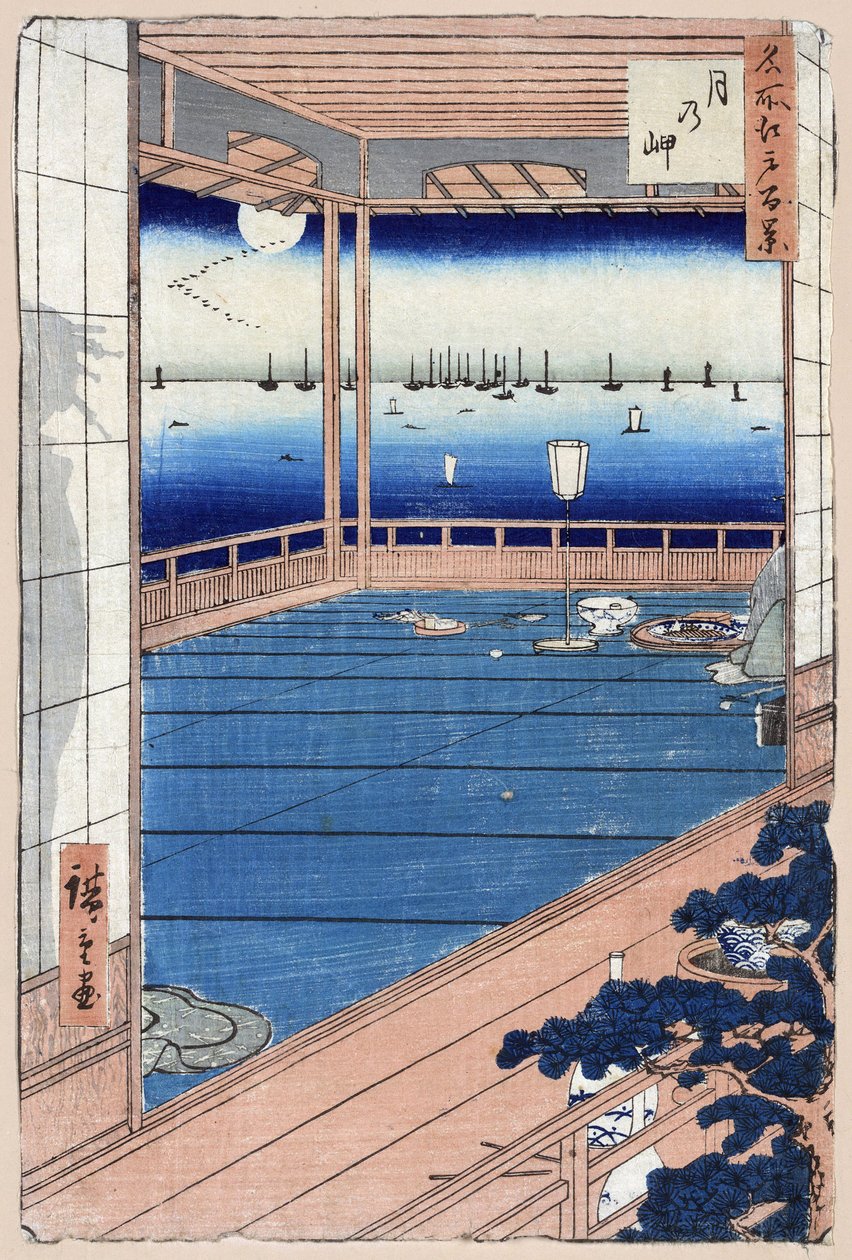Japonský tisk: Moonlight. Série 100 slavných pohledů na Eda. (Měsíční svit. Sto slavných pohledů na Edo). Dílo Utagawy Hiroshige (1797-1858), dřevoryt od Ando or Utagawa Hiroshige