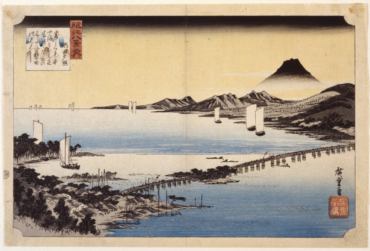 Evening Glow At Seta (barevný dřevořez) od Ando or Utagawa Hiroshige