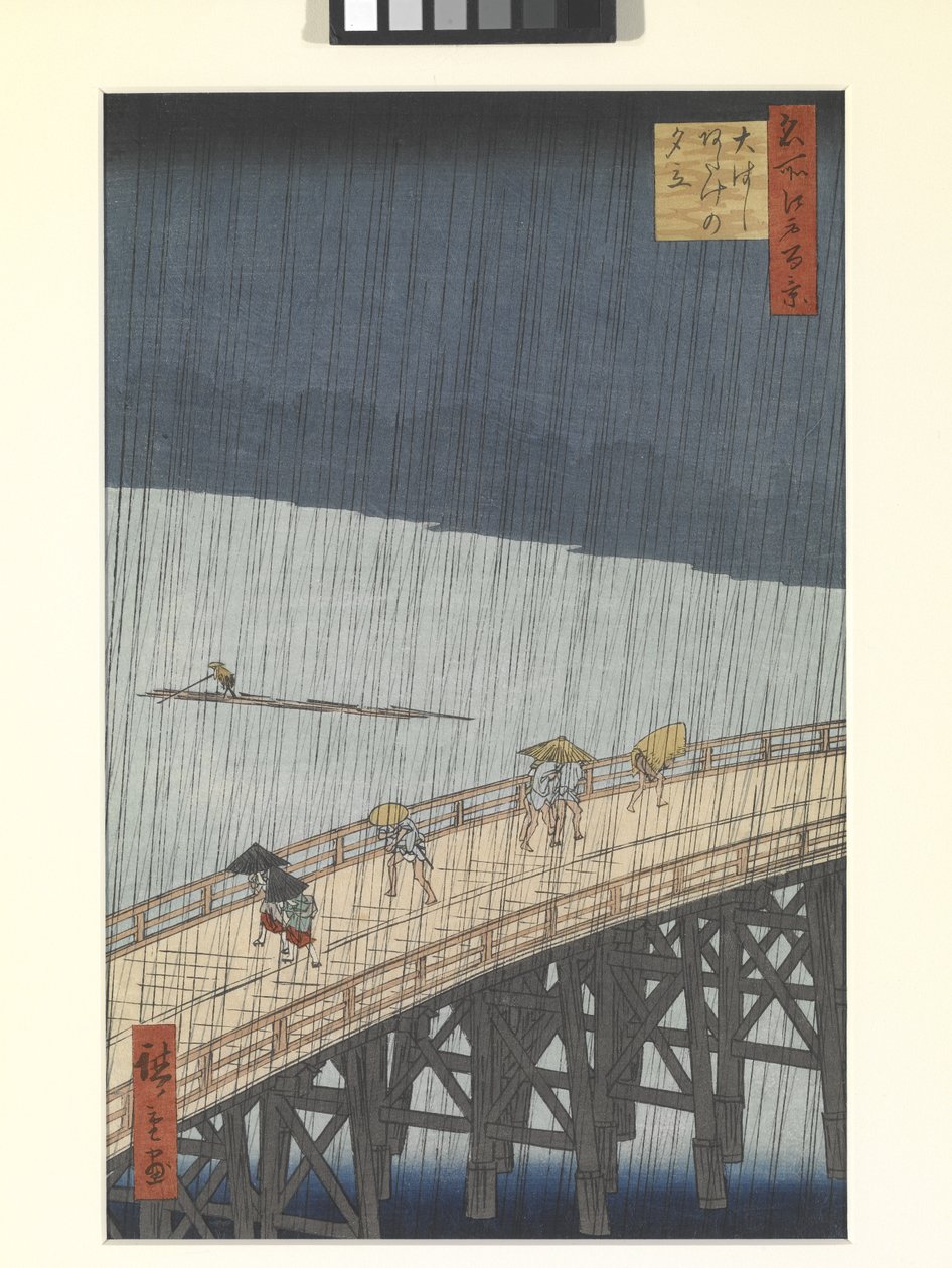 Večerní sprcha na Velkém mostě a Atake (barevný dřevořez) od Ando or Utagawa Hiroshige