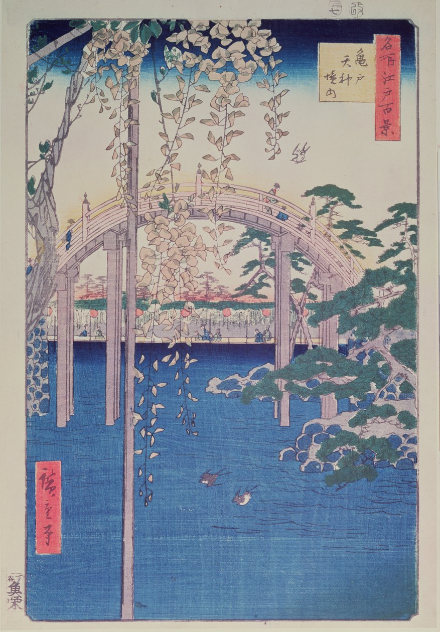 Lávka přes řeku s vistárií v popředí v plném květu od Ando or Utagawa Hiroshige