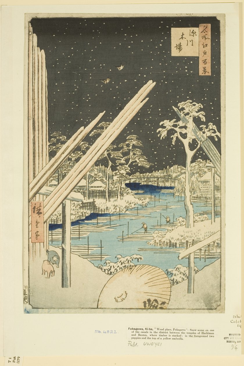 Fukagawa Lumberyards (Fukagawa Kiba) (barevný dřevotisk) od Ando or Utagawa Hiroshige