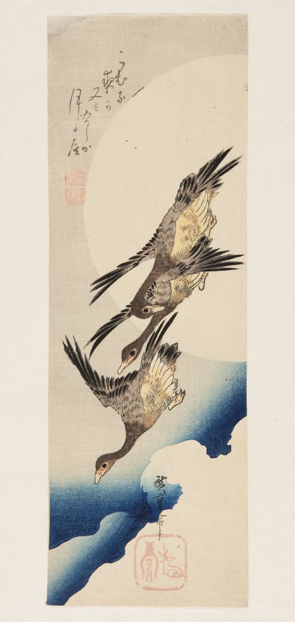 Husy létající přes úplněk (barevný dřevořez) od Ando or Utagawa Hiroshige