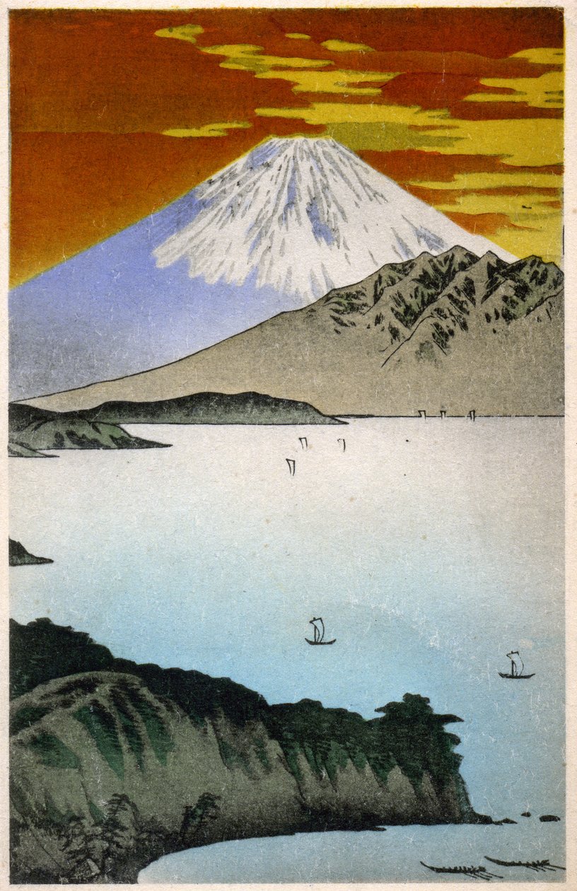 Zeměpis. Japonsko. Východ slunce na hoře Fuji. Dřevoryt od Hiroshige v: Padesát tři zastávek Tokaida (1833-1834). Pohlednice, Japonsko, cca 1900 (pohlednice) od Ando or Utagawa Hiroshige