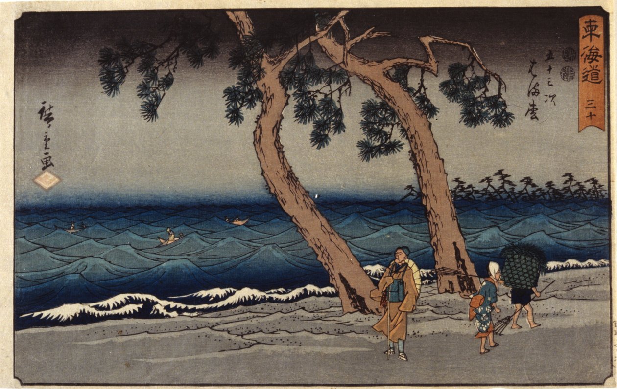 Hamamatsu Station (barevný dřevěný tisk) od Ando or Utagawa Hiroshige