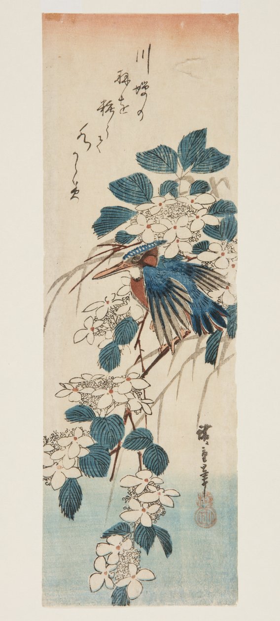 Ledňáček říční a kalina (barevný dřevotisk) od Ando or Utagawa Hiroshige
