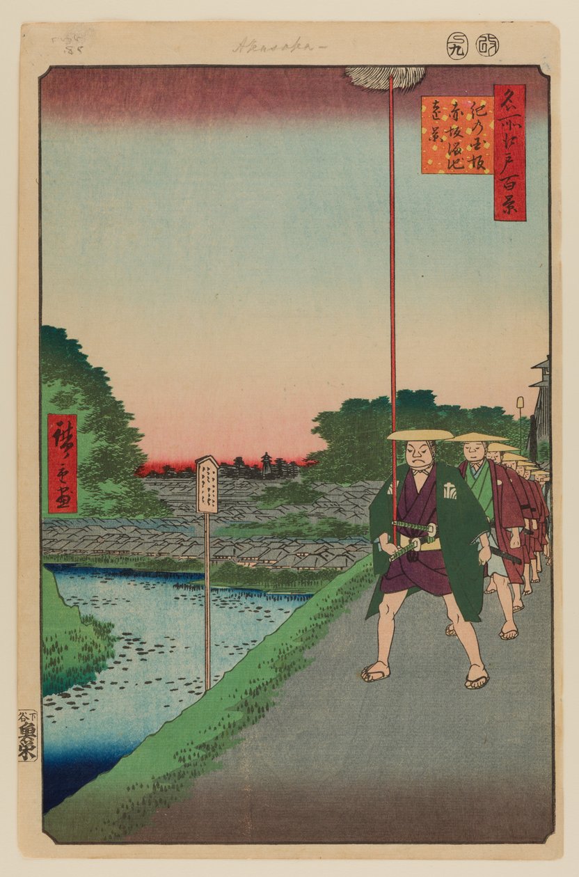 Kopec Kinokuni a vzdálený pohled na Akasaku Tameike od Ando or Utagawa Hiroshige
