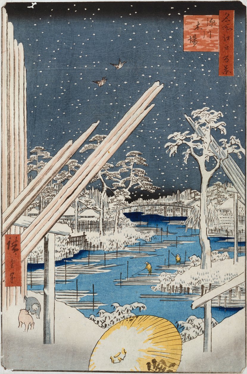 Lumberyards At Fukagawa, ze série „Sto pohledů na známá místa v Edu“ od Ando or Utagawa Hiroshige
