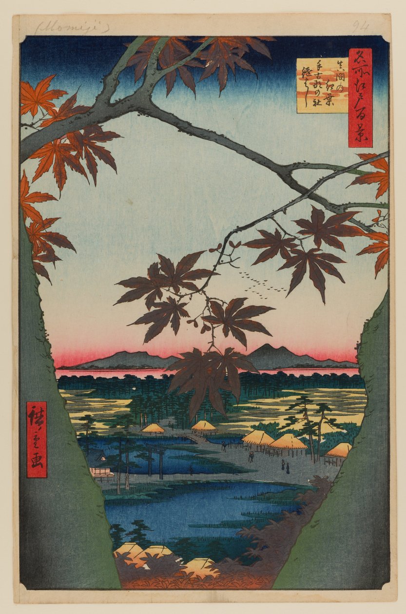 Javory u maminky, svatyně Tekona a propojený most od Ando or Utagawa Hiroshige