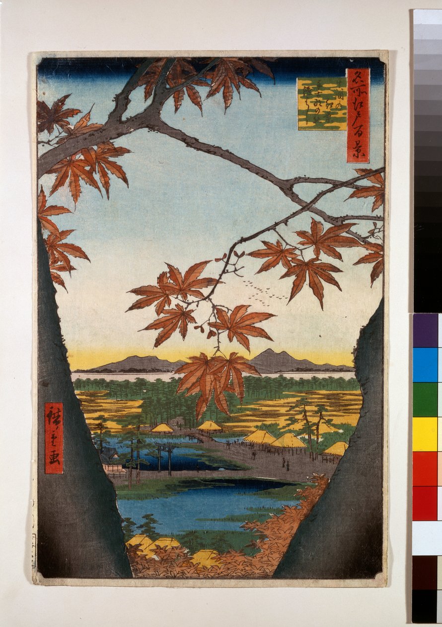 Javorové stromy u Mama, svatyně Tekona a propojený most od Ando or Utagawa Hiroshige