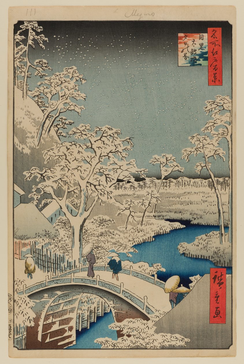 Most Meguro Drum Bridge a kopec Sunset Hill od Ando or Utagawa Hiroshige
