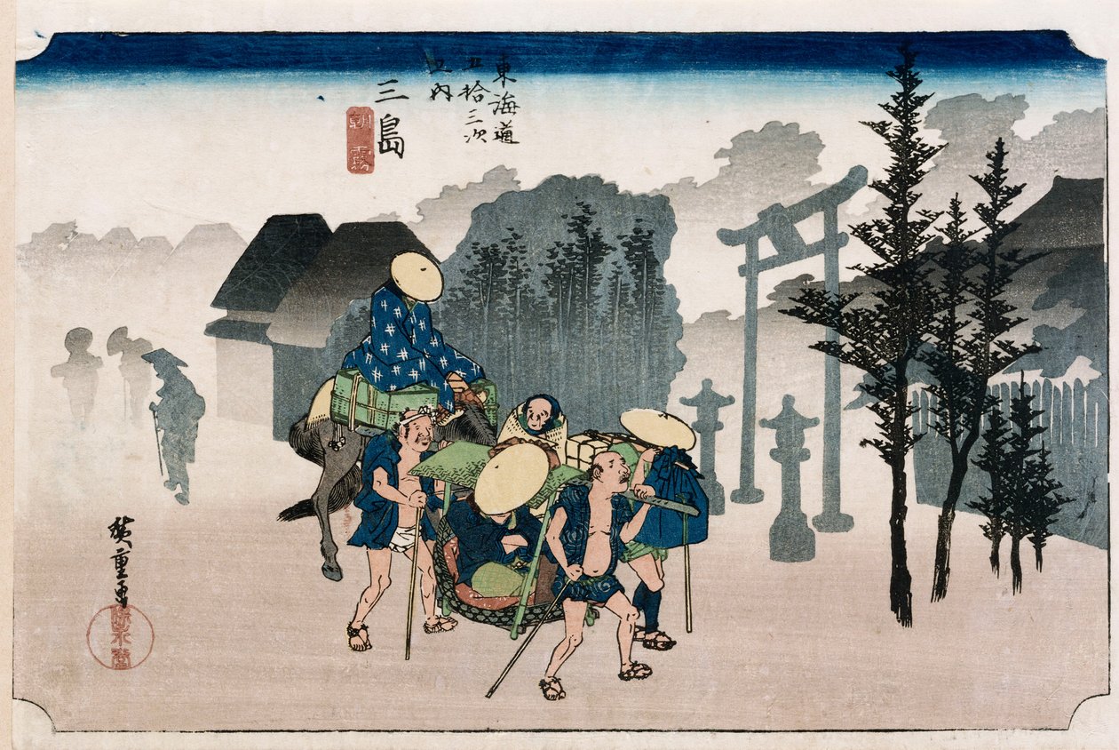 Ranní mlha v Mišimě“, ze série „Padesát tři stanic Tokaida“, kolem roku 1834 od Ando or Utagawa Hiroshige