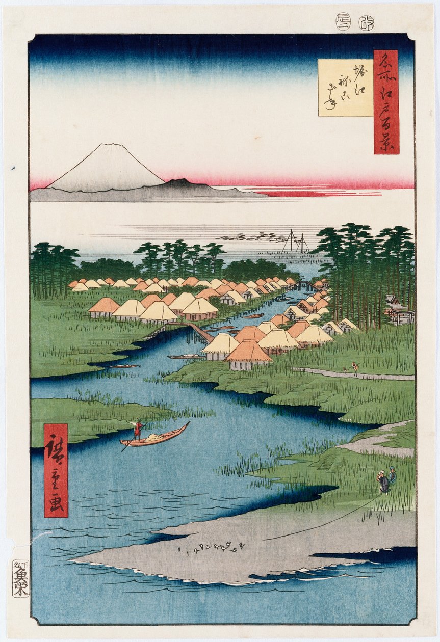Nekozane v Horikiri“, ze série „Sto pohledů na známá místa v Edu“ od Ando or Utagawa Hiroshige