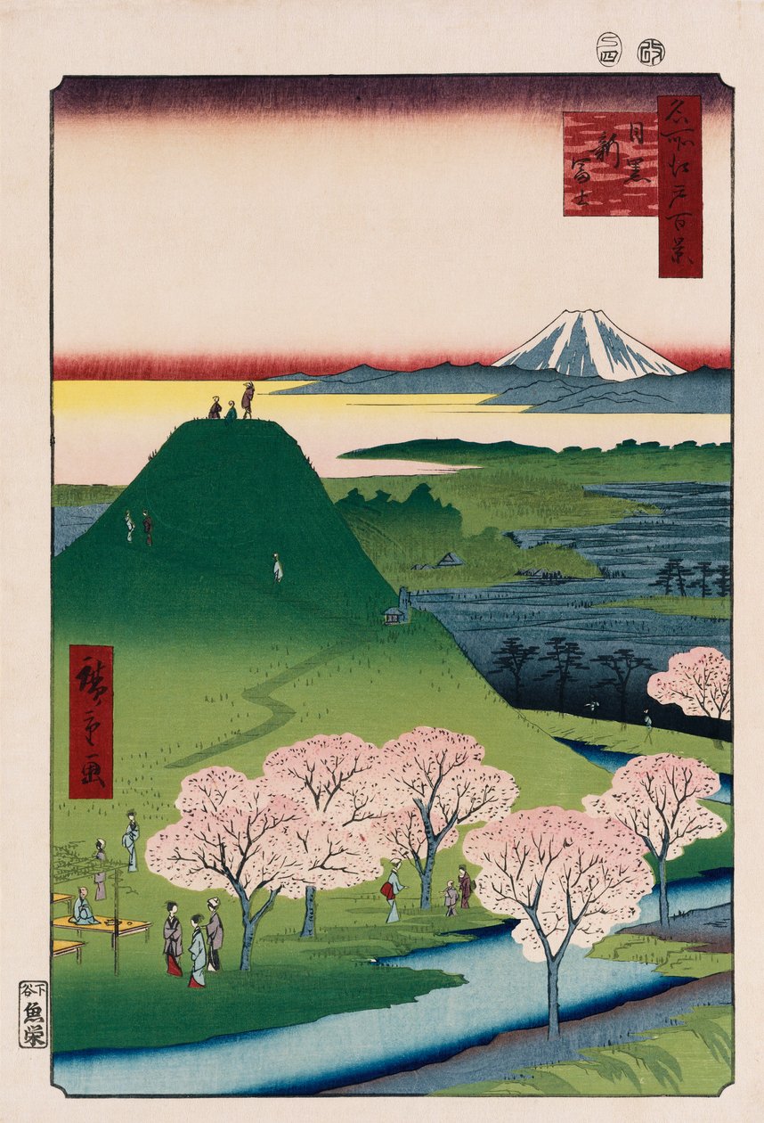 New Fuji, Meguro“, ze série „Sto pohledů na známá místa v Edu“ od Ando or Utagawa Hiroshige