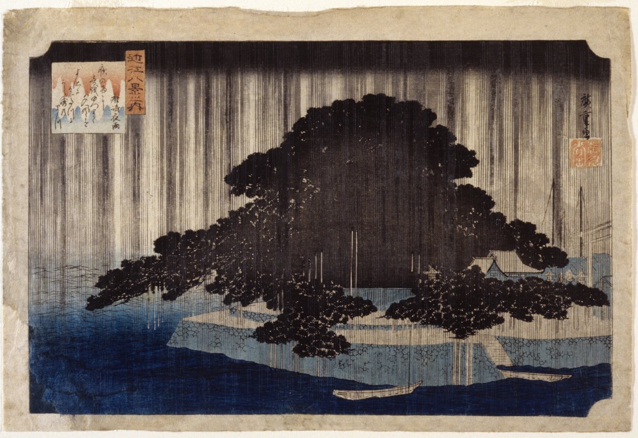 Night Rain At Karasaki (barevný dřevořez) od Ando or Utagawa Hiroshige