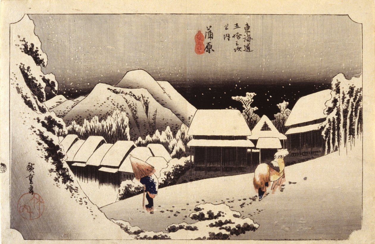Night Snow In Kanbara, #16 (barevný dřevoryt) od Ando or Utagawa Hiroshige