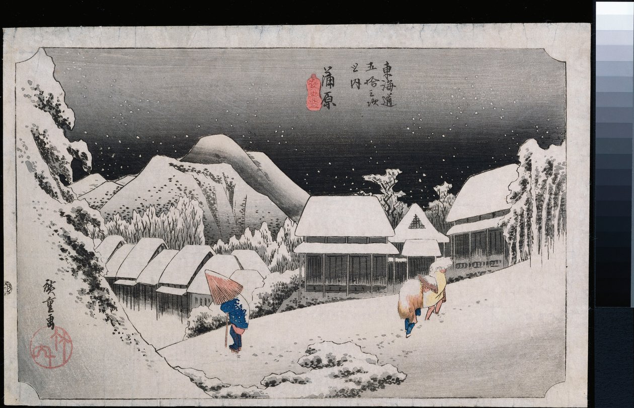 Noční sníh, Kambara“, ze série „Padesát tři stanic Tokaida“ od Ando or Utagawa Hiroshige