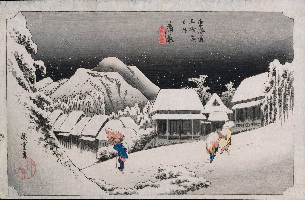 Night Snow, Kambara, ilustrace ze série "Padesát tři stanic na Tokaidu", kolem 1834-35 od Ando or Utagawa Hiroshige