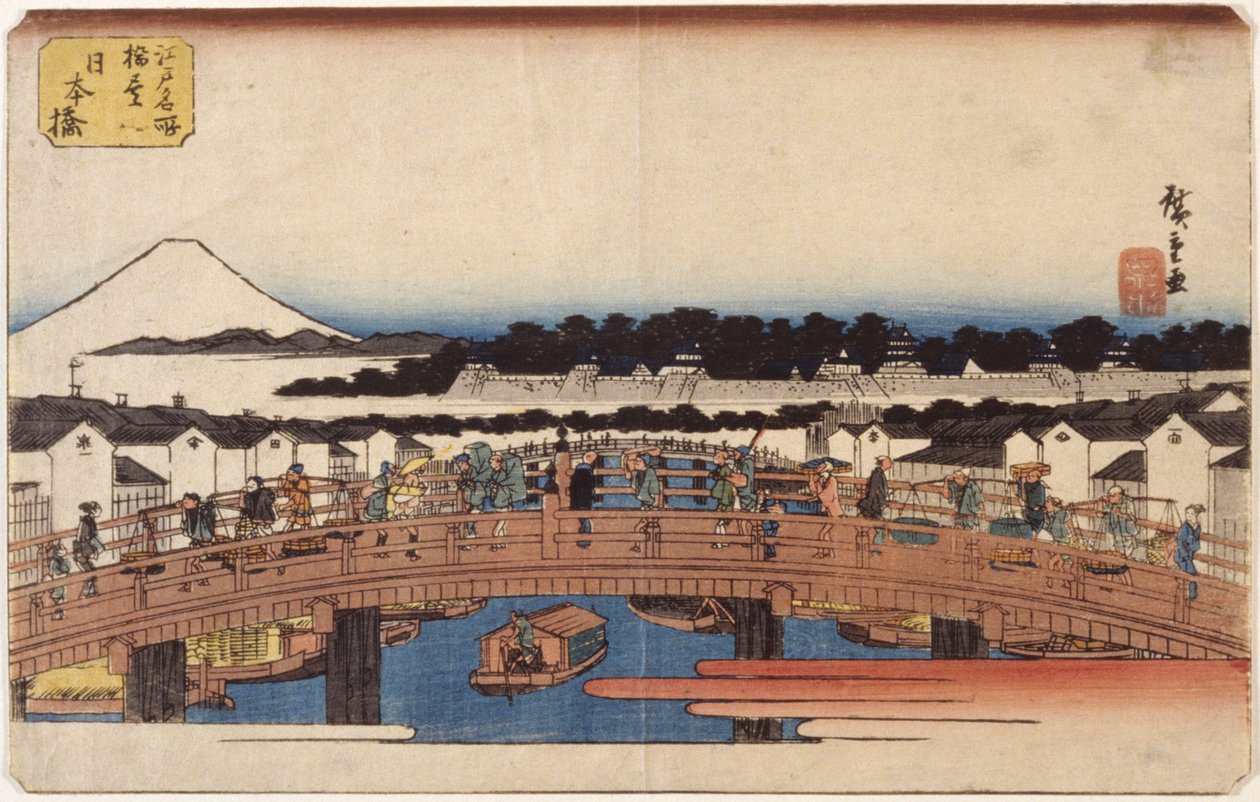 Nihonbashi (barevný dřevěný tisk) od Ando or Utagawa Hiroshige