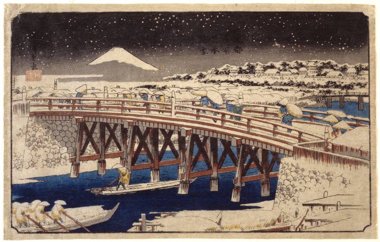 Nihonbashi In The Snow (barevný dřevořez) od Ando or Utagawa Hiroshige