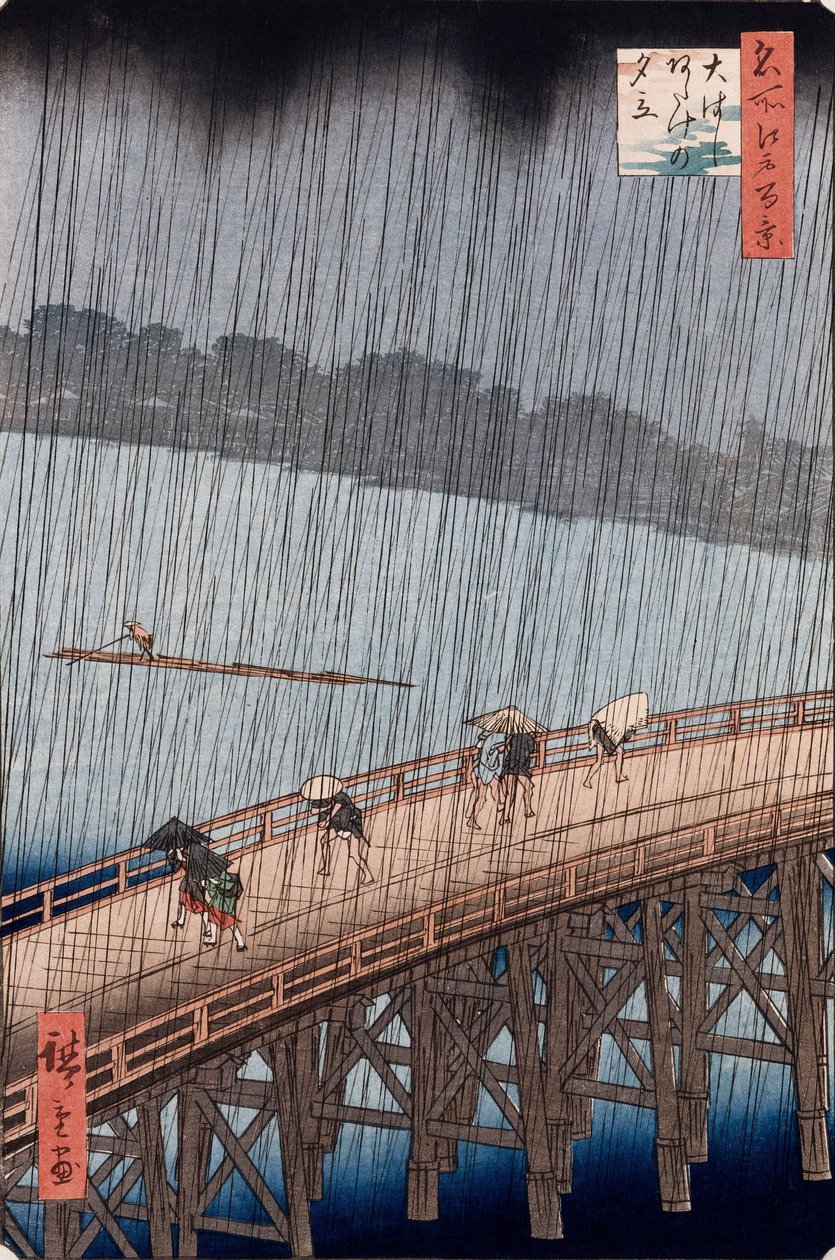 Ohashi, náhlá sprcha v Atake, ze série „Sto pohledů na známá místa v Edu“ od Ando or Utagawa Hiroshige