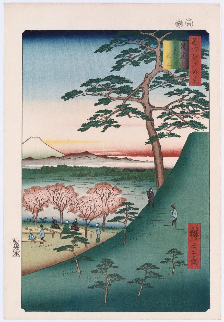 Originál Fuji, Meguro, ze série „Sto pohledů na známá místa v Edu“ od Ando or Utagawa Hiroshige