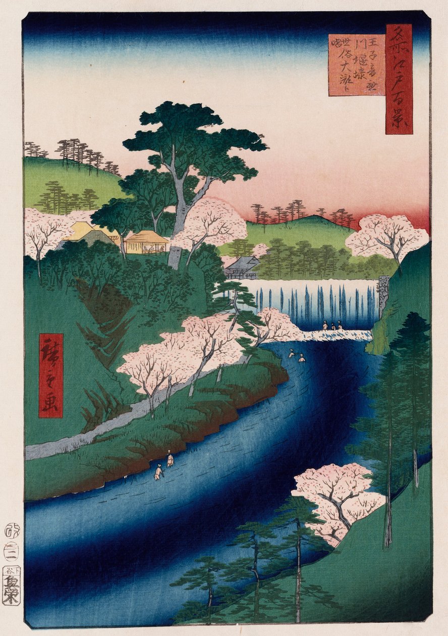 Přehrada řeky Otonashi, Oji, lidově nazývaná Velký vodopád, ze série „Sto pohledů na známá místa v Edu“ od Ando or Utagawa Hiroshige