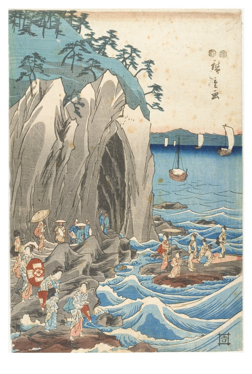 Pouť k výstavě sochy Benzaiten v hlavní svatyni Iwaya v Enošimě v provincii Sagami, kolem 1847-1852 (dřevotisk na papíře) od Ando or Utagawa Hiroshige