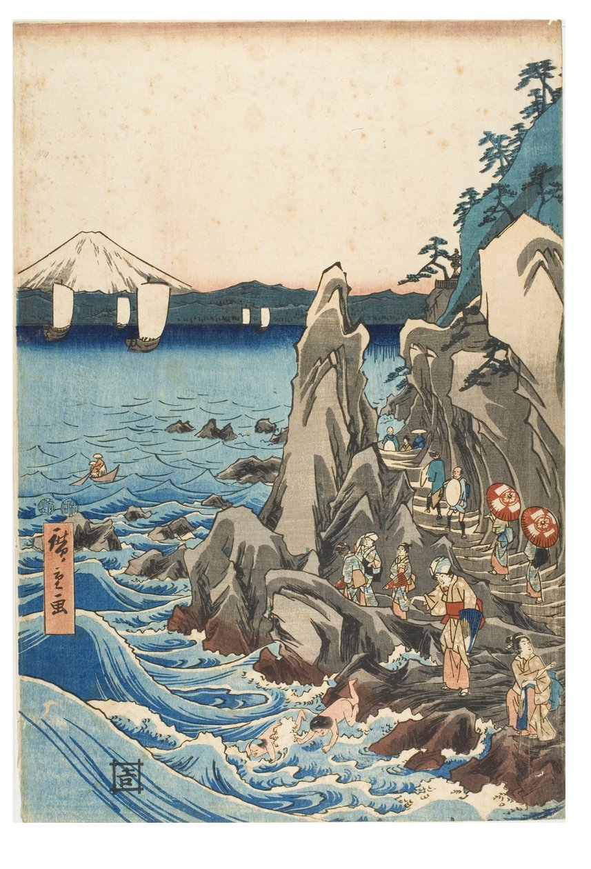 Pouť k výstavě sochy Benzaiten v hlavní svatyni Iwaya v Enošimě v provincii Sagami, cca 1847-1852 (dřevotisk na papíře) od Ando or Utagawa Hiroshige