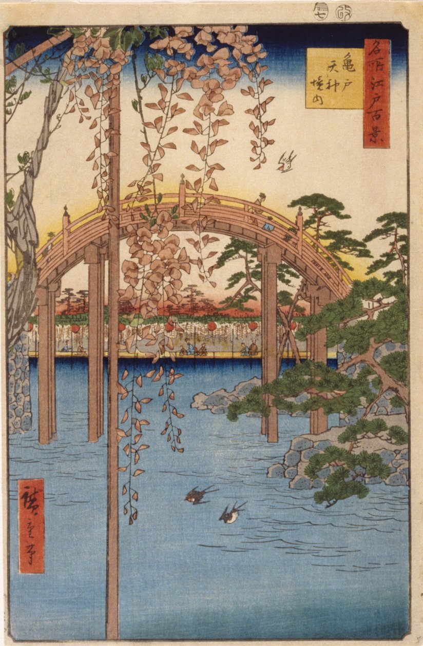Areál svatyně Tenjin v Kameido (barevný dřevořez) od Ando or Utagawa Hiroshige