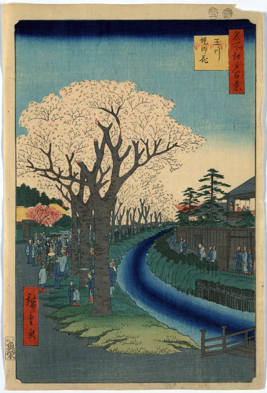 Tisk ukazuje turisty, kteří si prohlížejí třešňové květy podél břehů řeky Tama v Edo, dřevoryt Ando Hiroshige od Ando or Utagawa Hiroshige