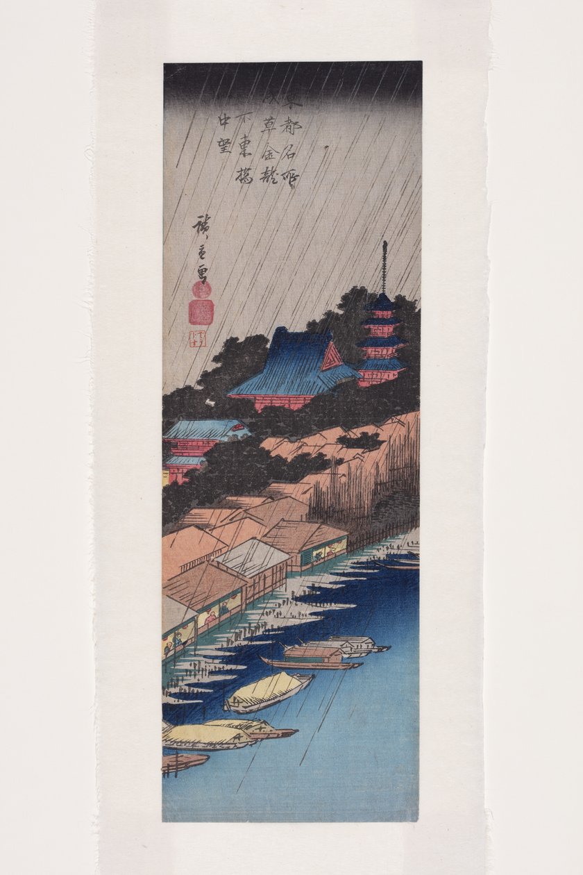Rain at Azuma Bridge below Kinry?zan Temple in Asakusa (Asakusa Kinry?zan shita Azuma-bashi uch? b?) (colour woodblock print) od Ando or Utagawa Hiroshige