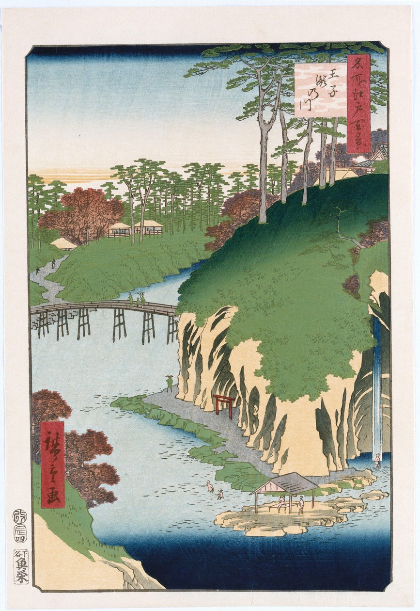 River of Waterfalls, Oji“, ze série „Sto pohledů na známá místa v Edu“ od Ando or Utagawa Hiroshige