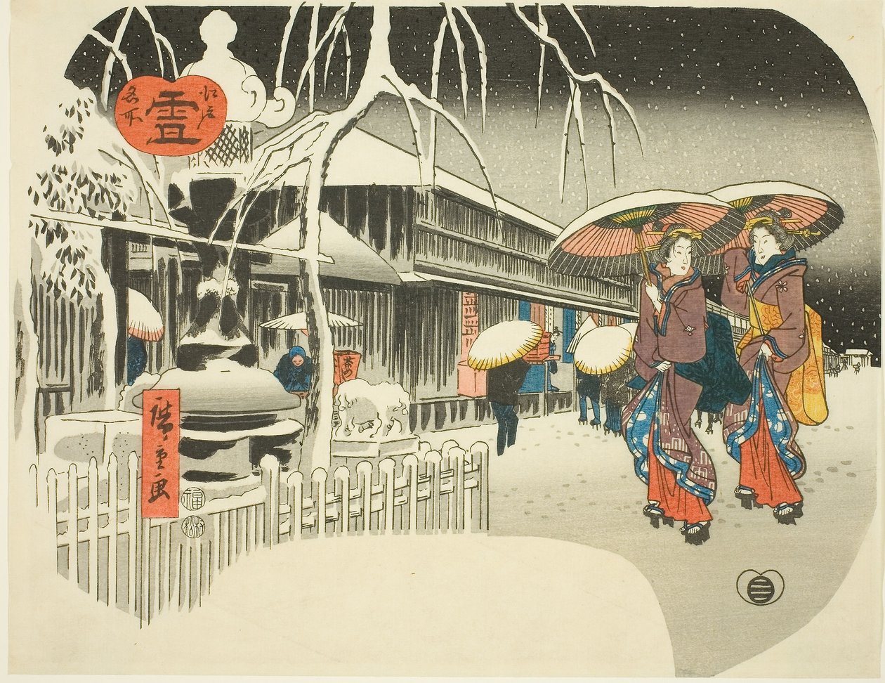 Snow (Yuki), ze série "Slavná místa Edo, kolem 1849-52 (barevný dřevořez; uchiwa-e) od Ando or Utagawa Hiroshige