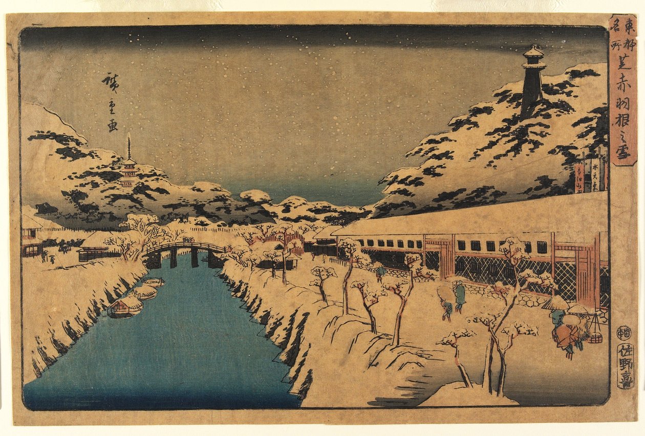 Sníh na Akabane Bridge v Shiba, 1844-45 od Ando or Utagawa Hiroshige